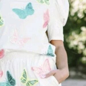 White Shirt And Shorts with Colorful Butterfly Print